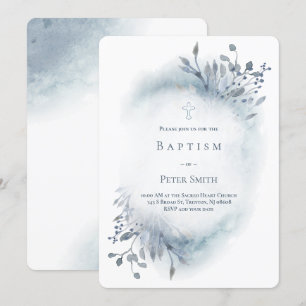 dusty blue watercolor greenery baptism baby boy invitation
