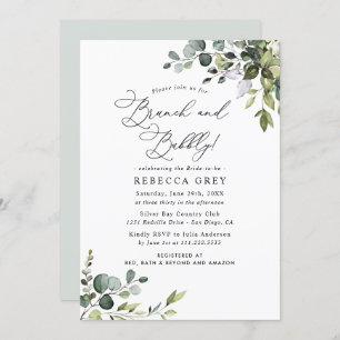 Dusty Blue Watercolor Greenery Brunch & Bubbly Invitation