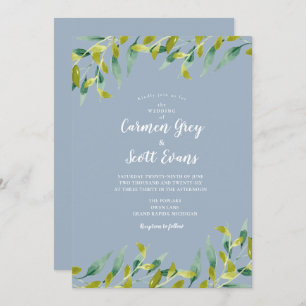 Dusty Blue Watercolor Greenery Eucalyptus Wedding Invitation