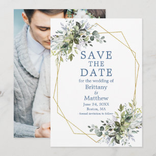 Dusty Blue Watercolor Greenery Geo Frame Photo Save The Date