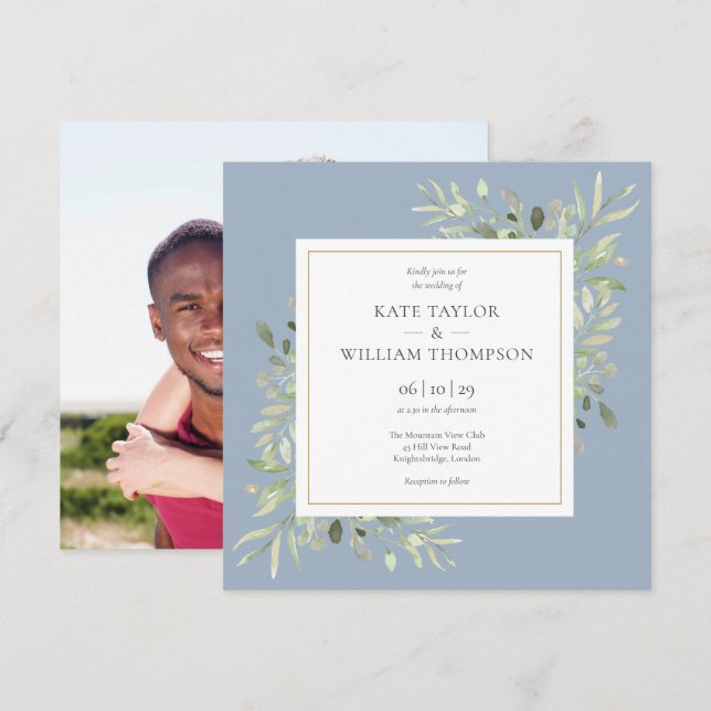 Dusty Blue Watercolor Greenery Photo Wedding Invitation (Front/Back)