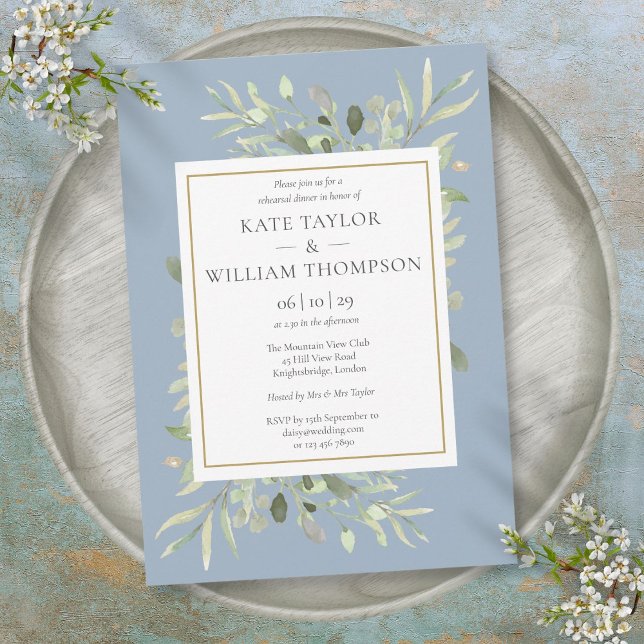 Dusty Blue Watercolor Greenery Rehearsal Dinner Invitation (Dusty Blue Watercolor Greenery Rehearsal Dinner Invitation)