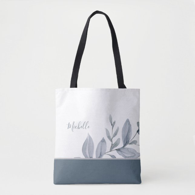 Dusty Blue Watercolor Greenery with Name Tote Bag (Front)