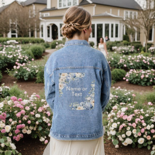 Dusty Blue Watercolor Ivory Flowers Leaves Denim Jacket
