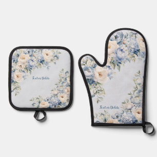 Dusty Blue Watercolor Ivory Flowers Leaves Rustic Oven Mitt & Pot Holder Set