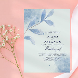 Dusty Blue Watercolor Leaf Wedding Invitation