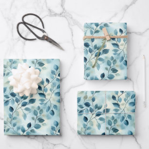 Dusty Blue Watercolor Leaves Wrapping Paper Sheet