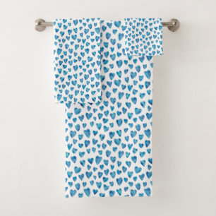 Dusty Blue Watercolor Love Heart Pattern Bath Towel Set