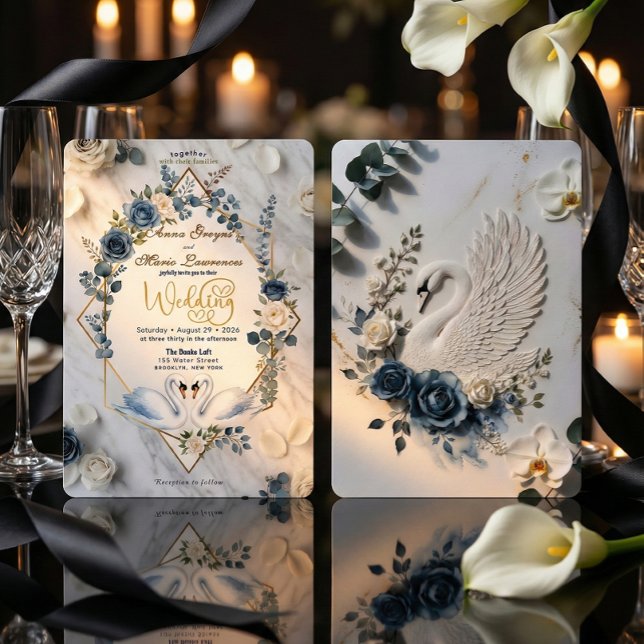 Dusty Blue Watercolor Marble Faux Foil Wedding Invitation (Creator Uploaded)