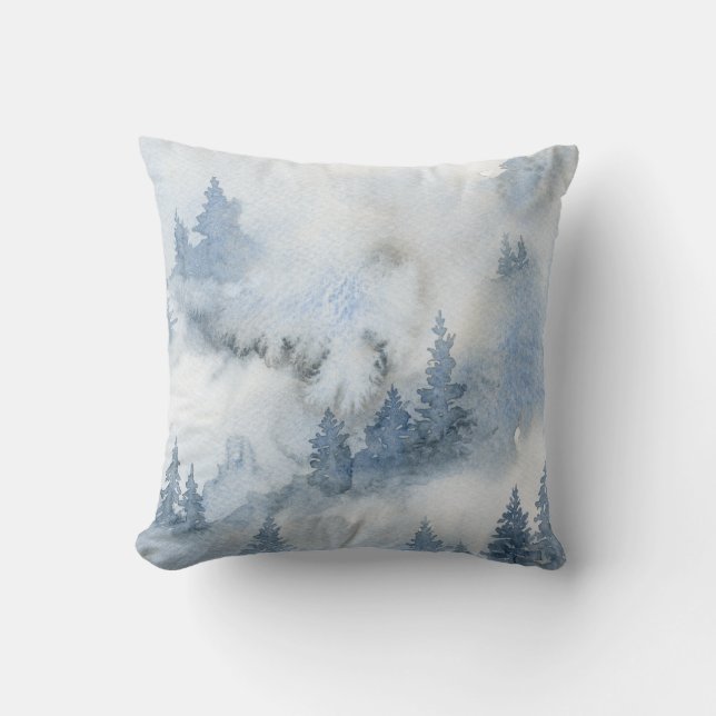 Dusty Blue Watercolor Misty Abstract Forest    Cushion (Front)