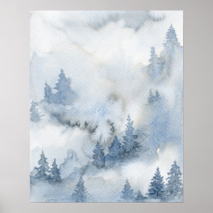 Dusty Blue Watercolor Misty Abstract Forest   Poster