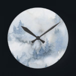 Dusty Blue Watercolor Misty Abstract Forest  Round Clock<br><div class="desc">Cool watercolor dusty blue rustic forest painting</div>