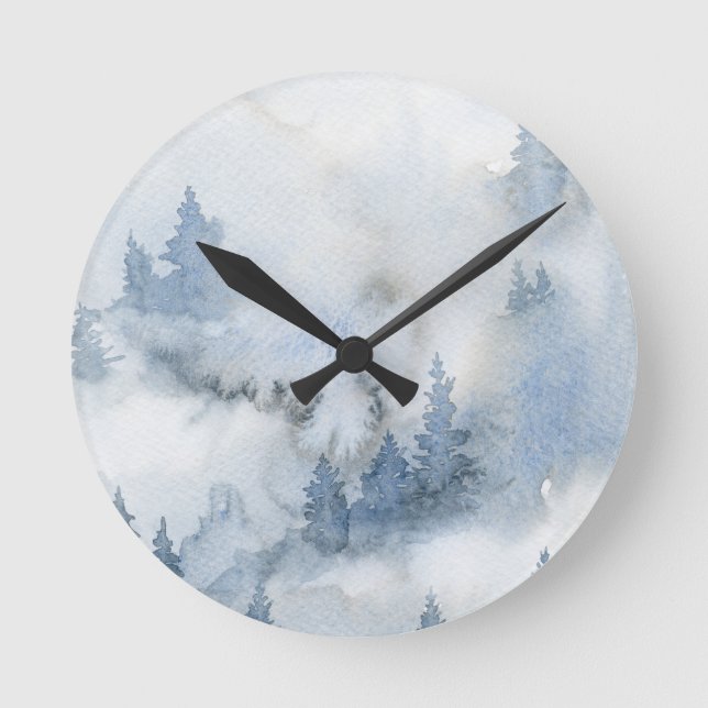 Dusty Blue Watercolor Misty Abstract Forest  Round Clock (Front)