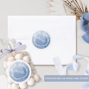 Dusty Blue Watercolor Monogram Envelope Seal/Favou Classic Round Sticker