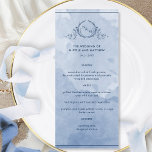 Dusty Blue Watercolor Monogrammed Wedding Menu<br><div class="desc">Delight your guests with this beautiful dusty blue and blue watercolor monogram wedding menu, featuring an elegant hand-drawn botanical monogram with the couple's initials over an exquisite watercolor wash background in a beautiful blend of dusty blue and blue hues. Easy to fill in the template with your details and menu,...</div>