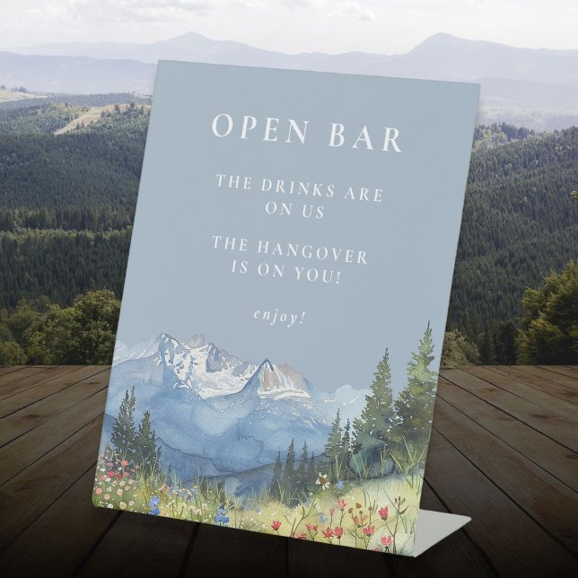 Dusty Blue Watercolor Mountain Wedding Open Bar Pedestal Sign (Dusty Blue Watercolor Mountain Wedding Open Bar Pedestal Sign)