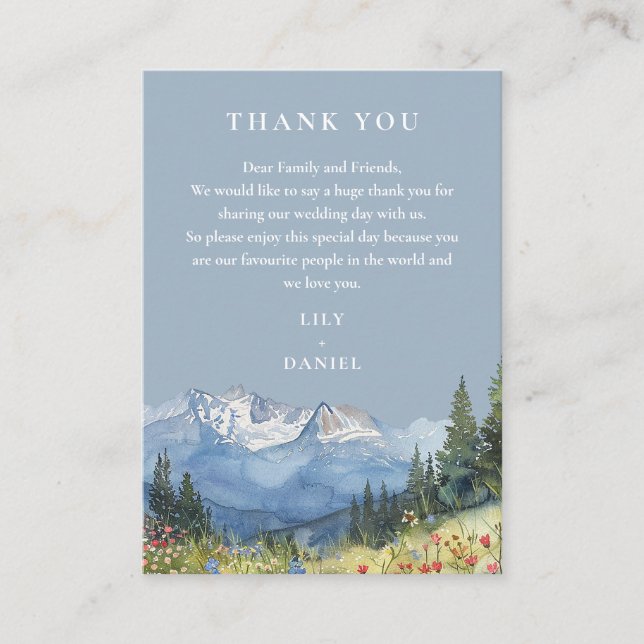 Dusty Blue Watercolor Mountain Wedding Thank You Place Card (Front)