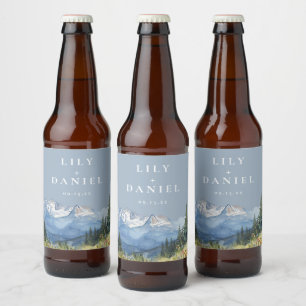 Dusty Blue Watercolor Mountain Wildflower Wedding Beer Bottle Label