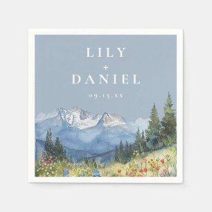 Dusty Blue Watercolor Mountain Wildflower Wedding Napkin