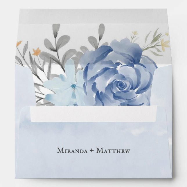 Dusty Blue Watercolor Peony Personalised Wedding Envelope (Back (Bottom))