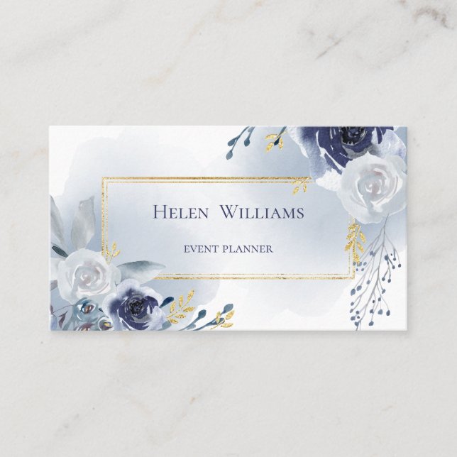 dusty blue watercolor roses business card (Front)