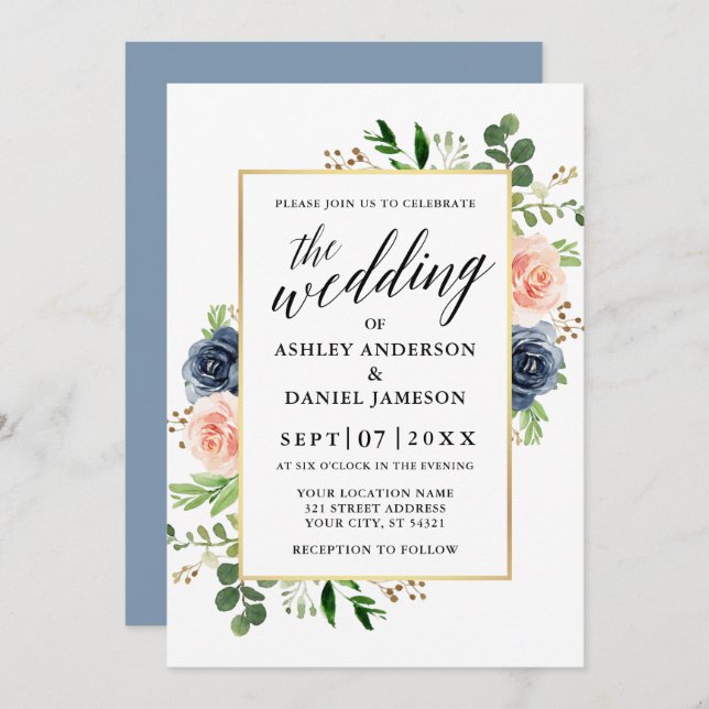 Dusty Blue Watercolor Roses Calligraphy Wedding Invitation (Front/Back)