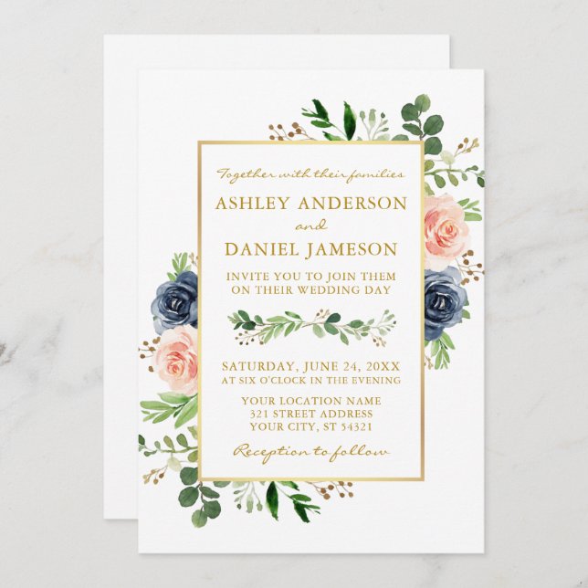 Dusty Blue Watercolor Roses Photo Gold Wedding Invitation (Front/Back)