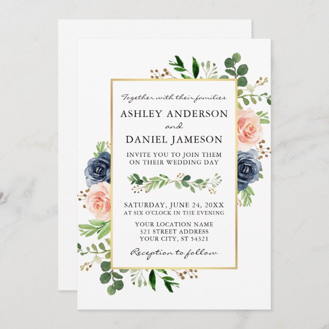 Dusty Blue Watercolor Roses Photo Wedding Invitation (Front/Back)