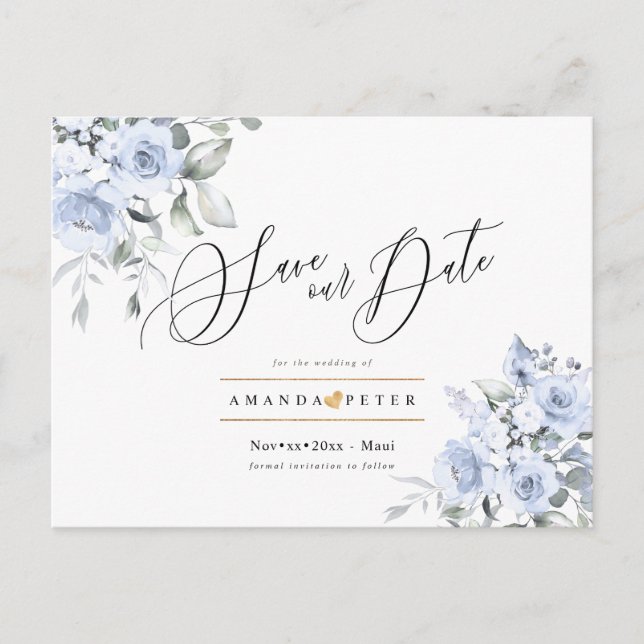 Dusty Blue Watercolor Roses Save the Date Postcard (Front)