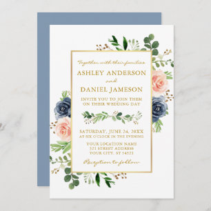 Dusty Blue Watercolor Roses Wedding Gold Invitation