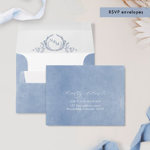 Dusty Blue Watercolor RSVP w/ Return Address Crest Envelope