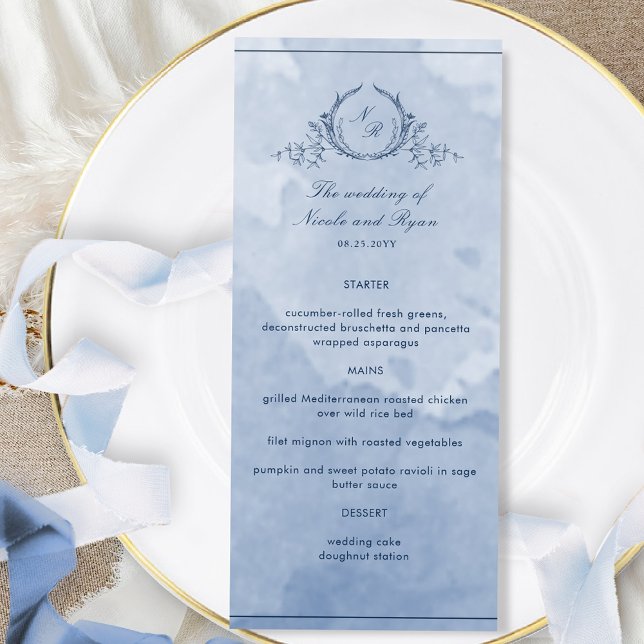 Dusty Blue Watercolor Script Monogram Wedding Menu (Creator Uploaded)