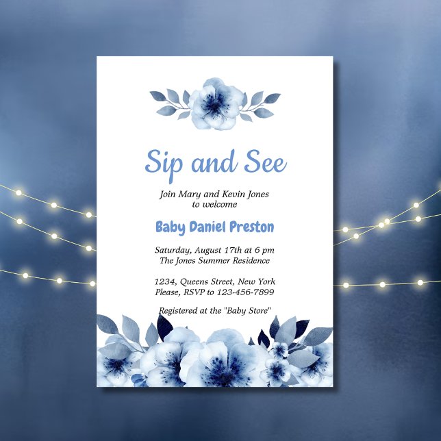 Dusty Blue Watercolor Sip and See Baby Shower  Invitation (Creator Uploaded)