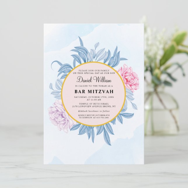 Dusty Blue Watercolor Succulent Bar Bat Mitzvah Invitation (Standing Front)