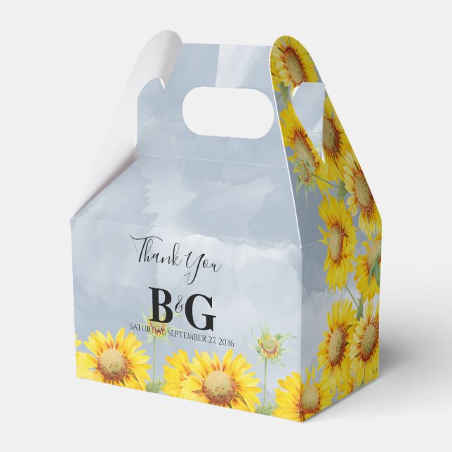 Dusty Blue Watercolor Sunflowers Monogram Wedding Favour Box (Front Side)