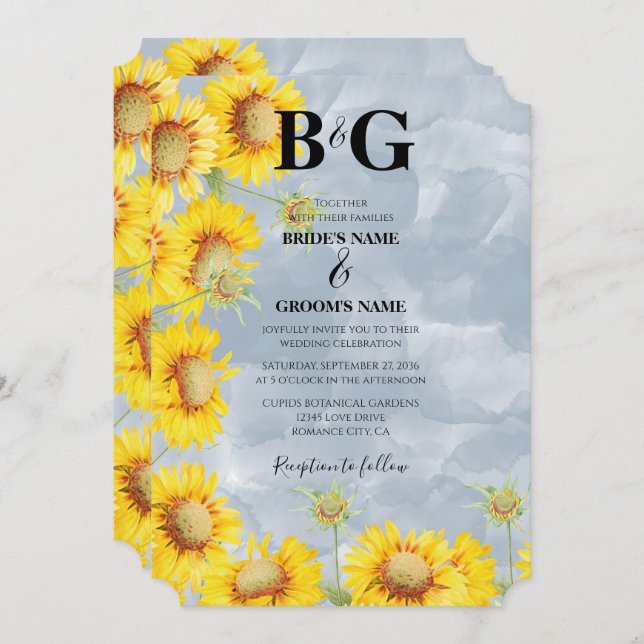 Dusty Blue Watercolor Sunflowers Monogram Wedding Invitation (Front/Back)
