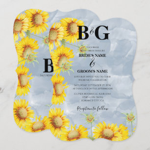 Dusty Blue Watercolor Sunflowers Monogram Wedding Invitation