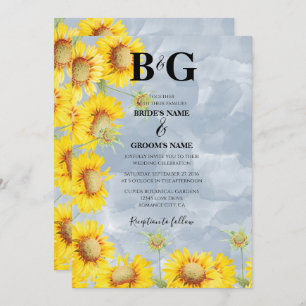 Dusty Blue Watercolor Sunflowers Monogram Wedding Invitation