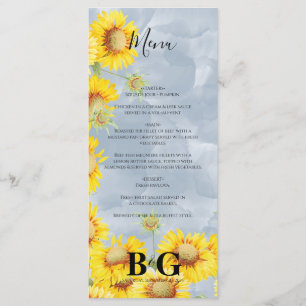 Dusty Blue Watercolor Sunflowers Monogram Wedding Menu