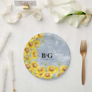 Dusty Blue Watercolor Sunflowers Monogram Wedding  Paper Plate