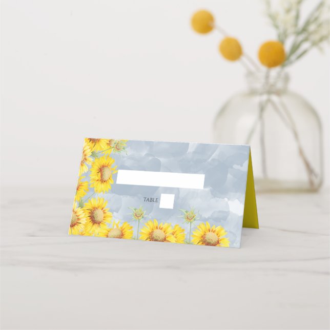 Dusty Blue Watercolor Sunflowers Monogram Wedding Place Card (Front)