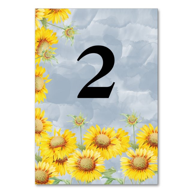 Dusty Blue Watercolor Sunflowers Monogram Wedding Table Number (Front)