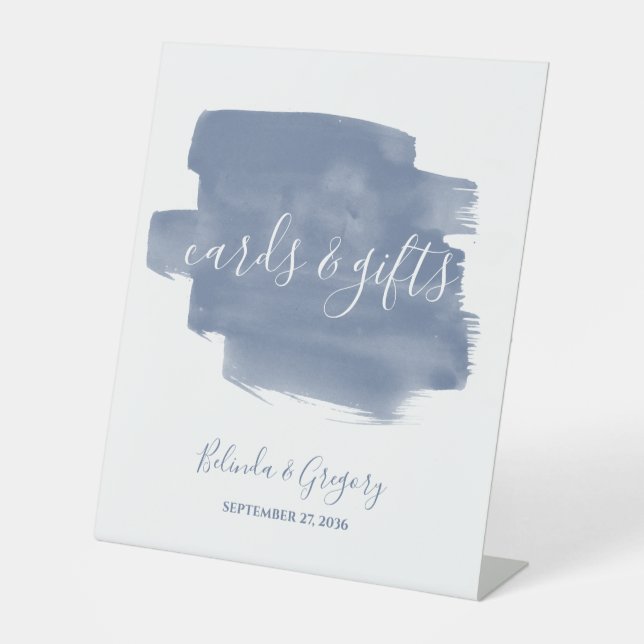 Dusty Blue Watercolor Wedding Cards & Gifts Pedestal Sign (Front)