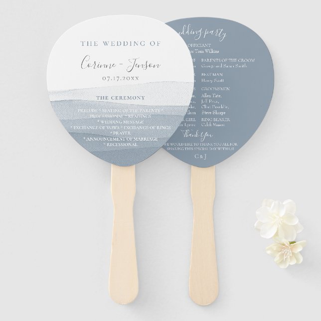 Dusty Blue Watercolor Wedding Program Hand Fans (Front and Back)