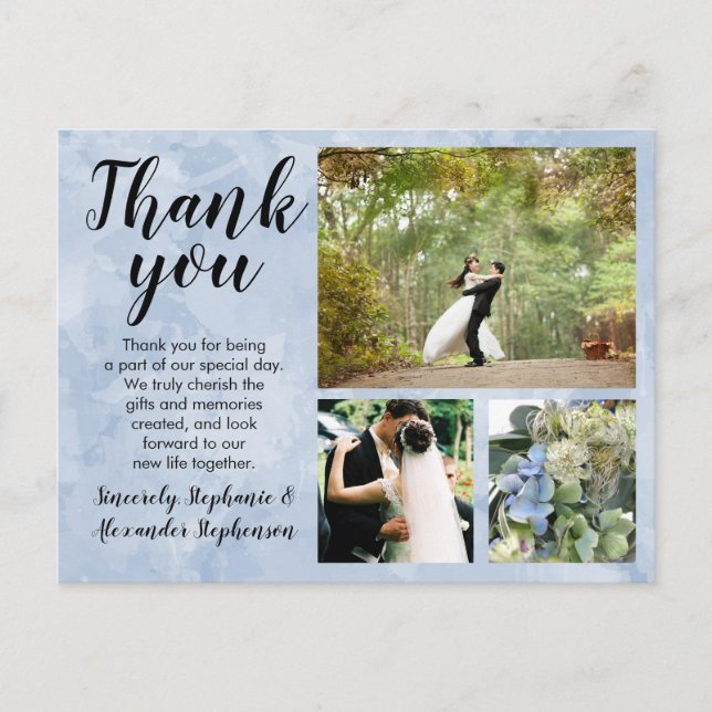 Dusty Blue Watercolor Wedding Thank You 3 Photo Postcard (Front)