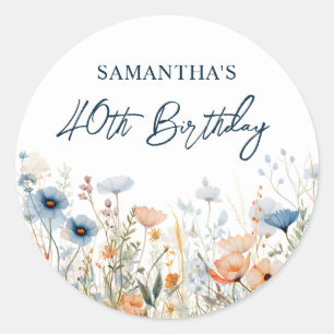 Dusty Blue Watercolor Wildflower 40th Birthday Classic Round Sticker