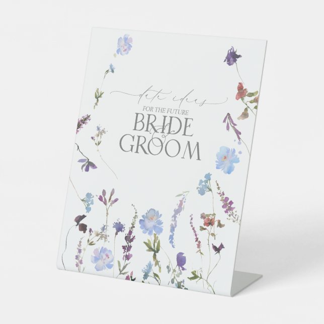 Dusty Blue Watercolor Wildflower Date Ideas Pedestal Sign (Front)