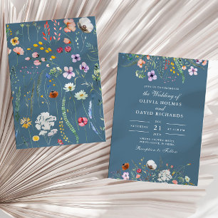 Dusty Blue Watercolor Wildflower Meadow Wedding Invitation