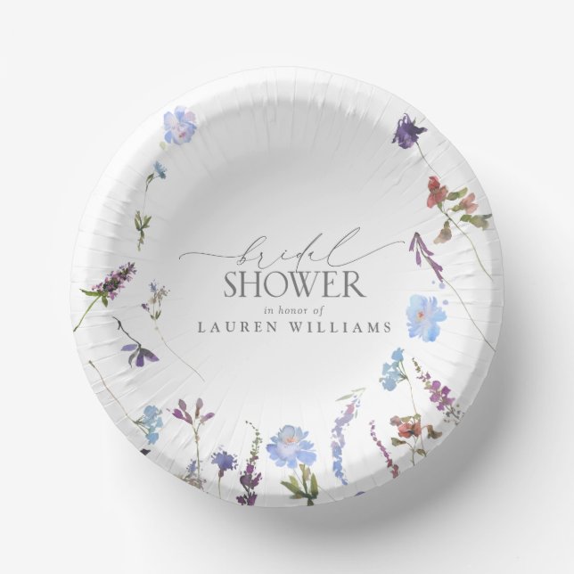 Dusty Blue Watercolor Wildflower Shower Paper Plate (Front)
