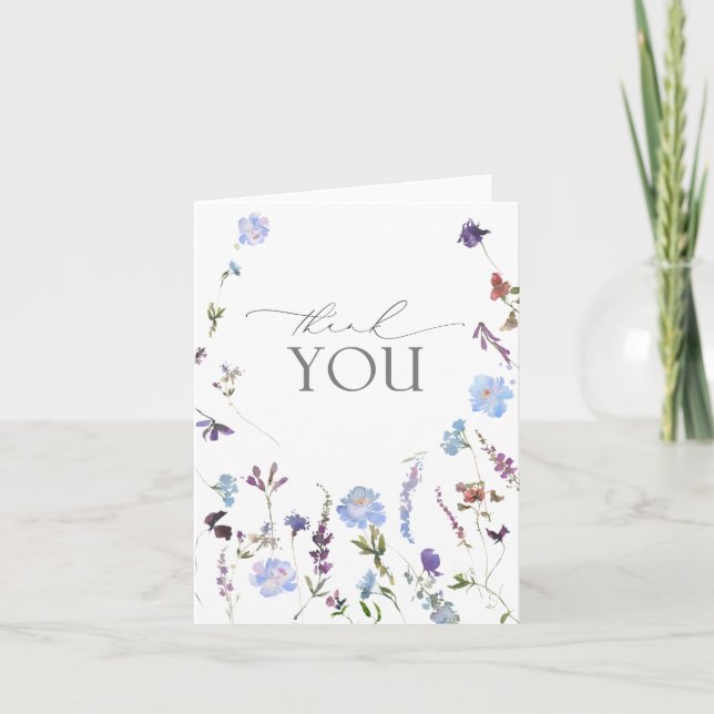 Dusty Blue Watercolor Wildflower Thank You Card (Front)